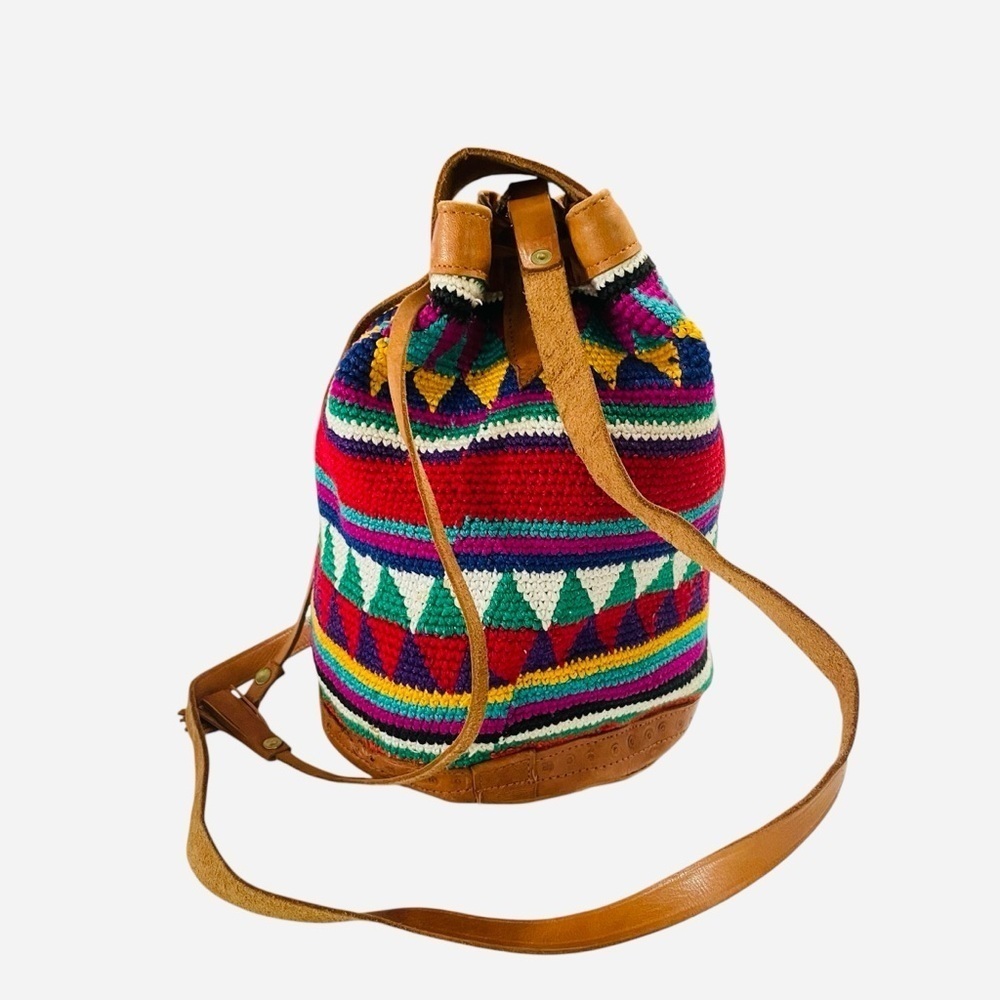Vintage Handmade Guatemala Boho Multi Color with Leather Trim Bucket Bag - Picture 2 of 15